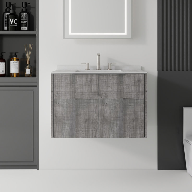 Meuble-lavabo flottant 30 po avec lavabo et porte à fermeture en douceur, Gris, 30"