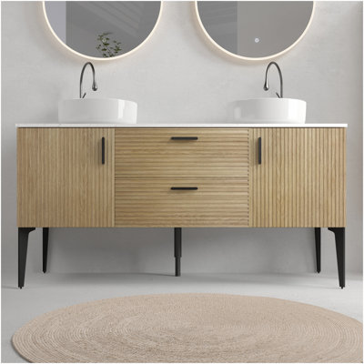 Emilia 60" Striped Natural Oak Bathroom Vanity With Ceramic Sink, Freestanding Bathroom Vanity For Modern Bathroom