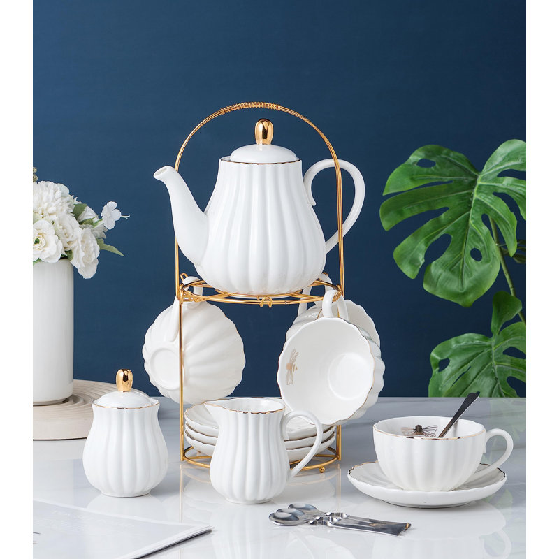 Ensemble de 8 tasses à café avec tasse à thé, tasse et soucoupe en porcelaine blanche fine de 8 oz, théière, sucrier, crème, carafe à thé et café, 17 pièces, service pour 4 (blanc)