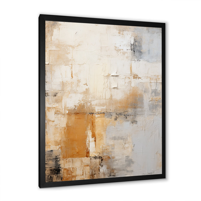 «Gold and Beige Soft Fusion - Abstract Collages», impressions d'art mural, H 44 po x l 34 po x P 1,5 po, Cadre simple noir