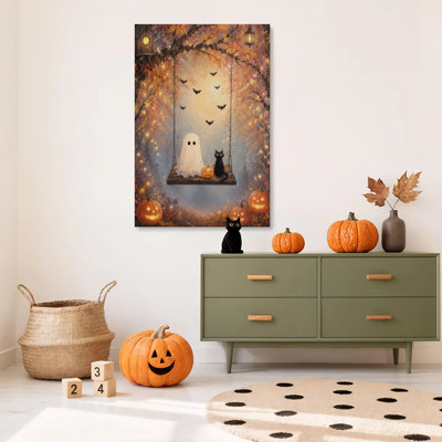 1pc, impression sur toile encadrée, Halloween, fantôme, balançoire, citrouille, art, impression sur toile, peinture pour salon, chambre, bureau, salle de bain, dortoir