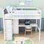 Lit mezzanine double avec garde-robe intégrée, bureau, tablettes de rangement et tiroirs-557127652