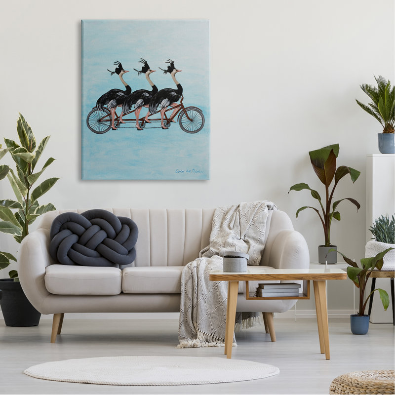 Autruches chevauchant une bicyclette tandem «rigolo» par Coco de Paris - Peinture, Toile tendue, H 48 po x l 36 po x P 1,5 po
