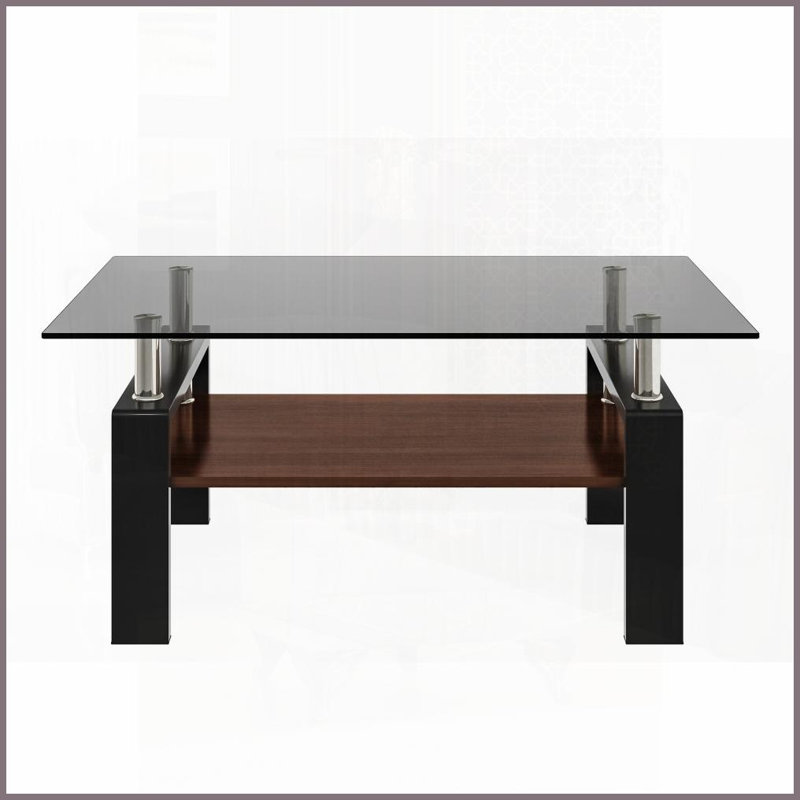 Table basse de salon en verre trempé gris - facile à nettoyer, rangement en panneau de fibres à densité moyenne, pieds en fer durable, capacité de 220 lb