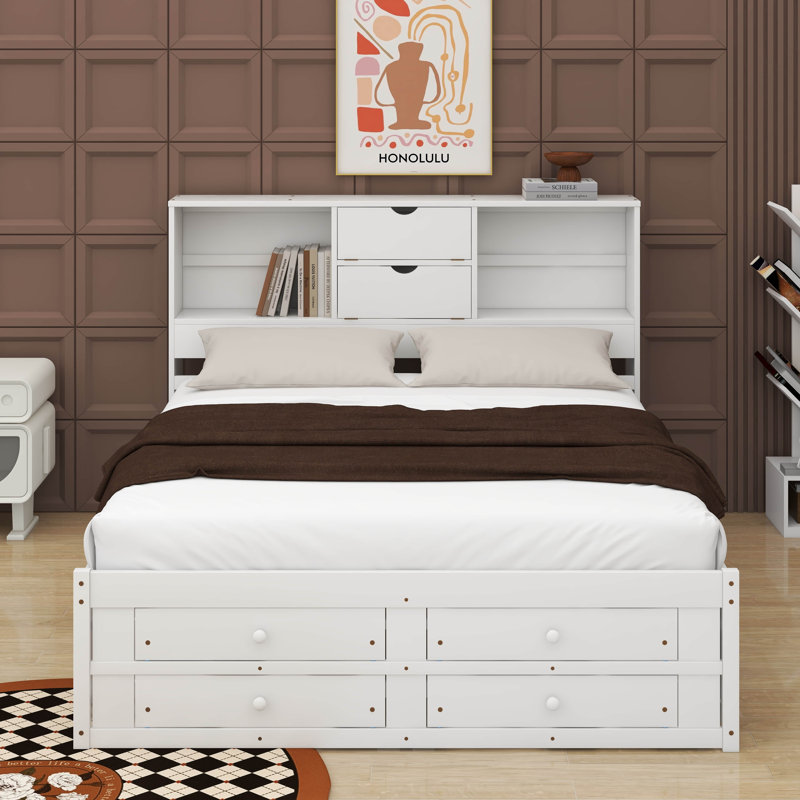 Queen Size Platform Bed With Drawers, White