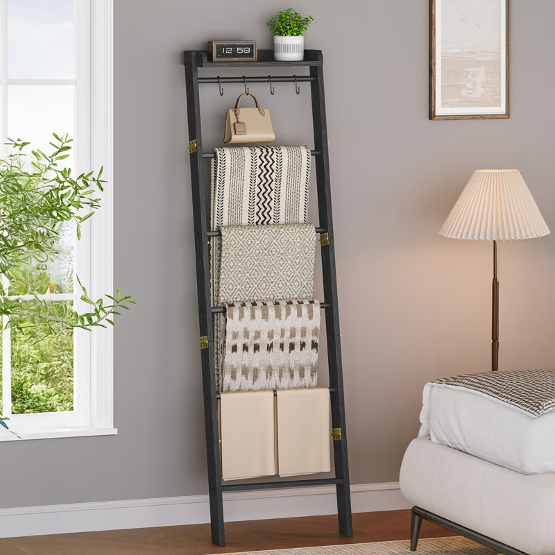  Blanket Ladder Shelf, Decorative Quilt Rack, 7-Tier Farmhouse Ladder Holder Organizer with 4 Removable Hooks, Black
