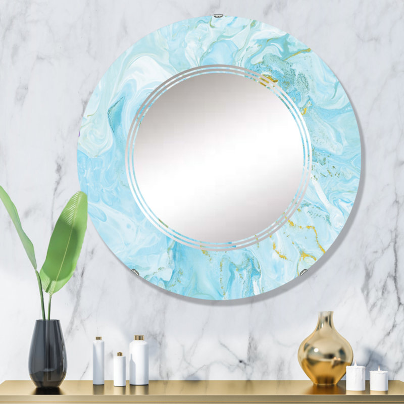 Turquoise marbre liquide Art Universe - Miroir mural moderne rond, 32 po x 32 po
