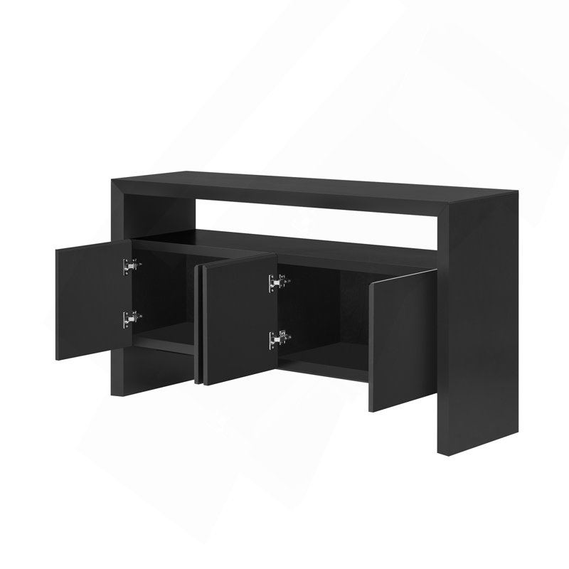Sideboard 60" 4 Doors, Modern Minimalist Solid Wood Veneer With Open Shelf, Natural Wood Grain, Large Capacity Storage Console Table (Black)