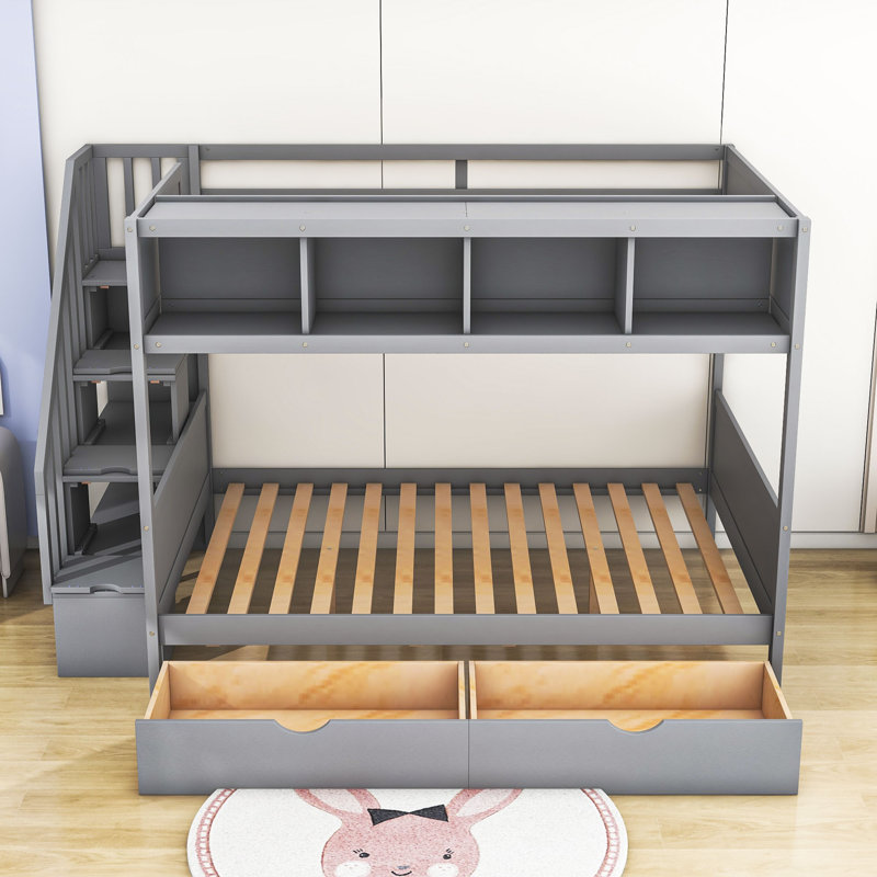 Kids Twin Over Full Bunk Bed with Drawers, Gray