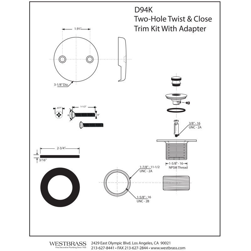 Twist & Close Bathtub Drain Trim with 2-Hole Faceplate and Adapter Bushing, Satin Nickel