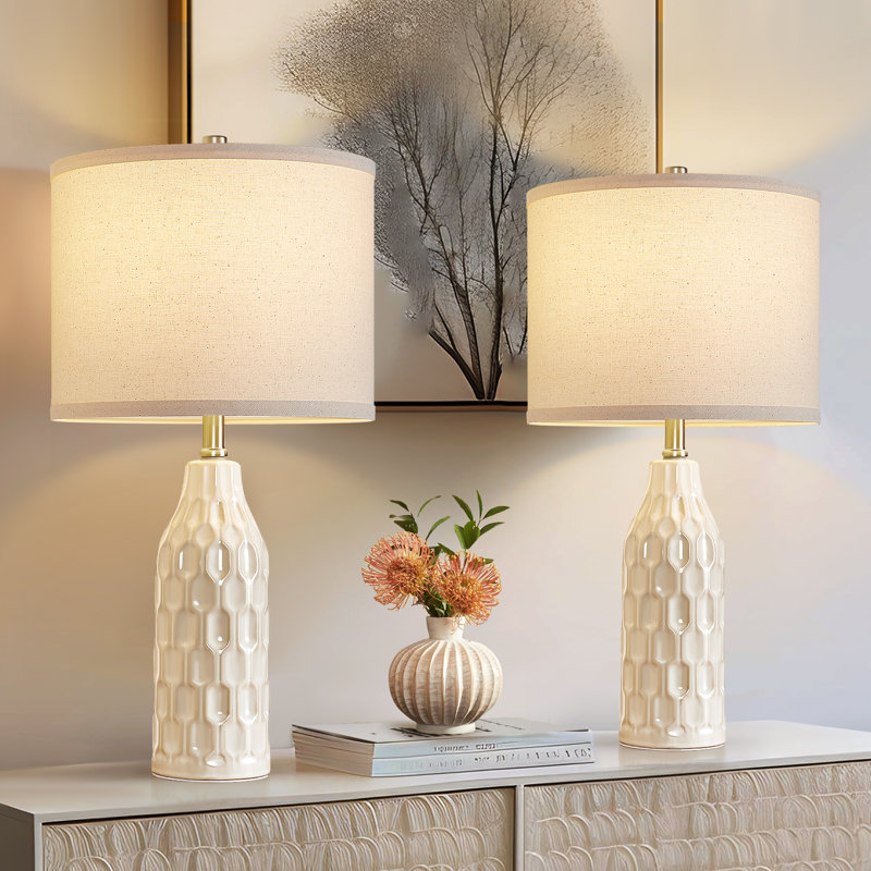 Blue Ceramic Table Lamp Set with White Linen Shades