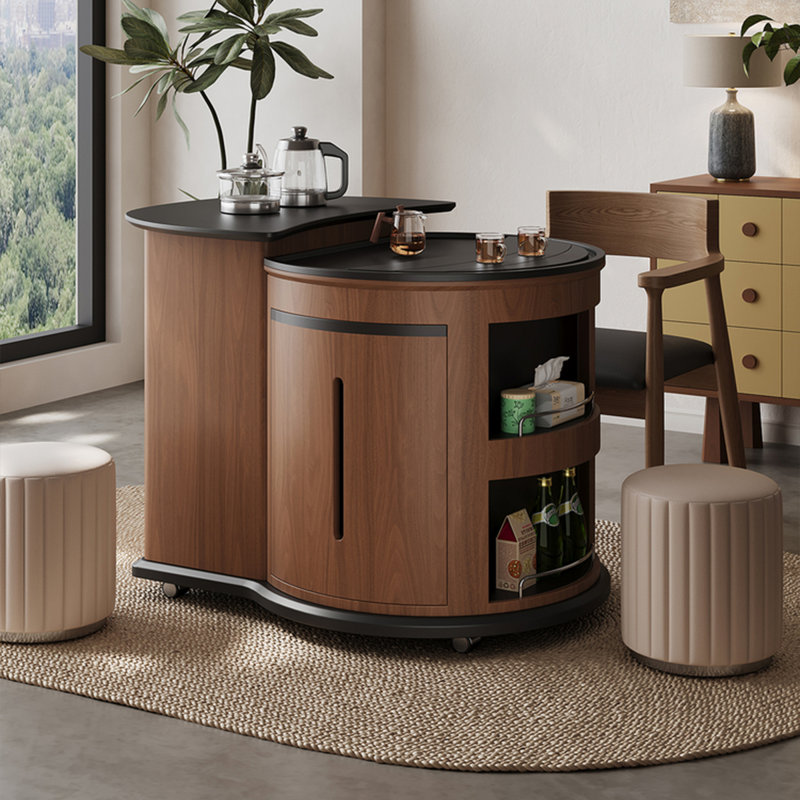 Table basse brune Mid-Century avec plateau en pierre frittée, roulettes et table de thé Kung-fu