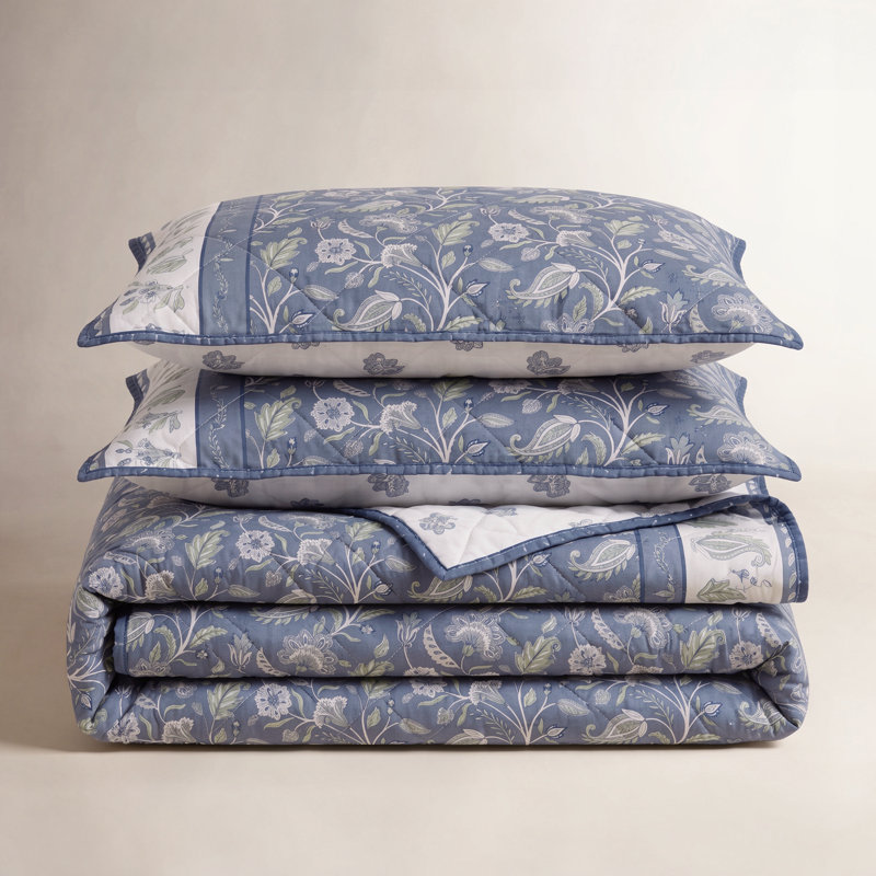 Ensemble de courtepointe à bordure florale en coton, Motif floral bleu, Courtepointe très grand et 2 très grandes taies 
