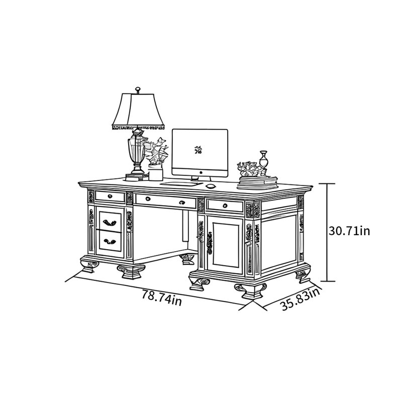 Bureau de style campagne américaine, H 30,71 po x l 78,74 po x P 35,83 po