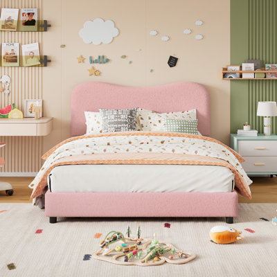 Bed Frame For Kids With Velvet Upholstered Headboard, Cute Low Profile Platform Bed