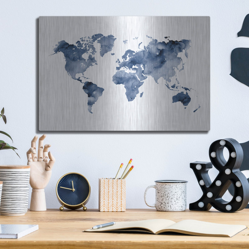 Art mural de luxe «Indigo World Map» par Brandon Wong, H 12 po x l 16 po