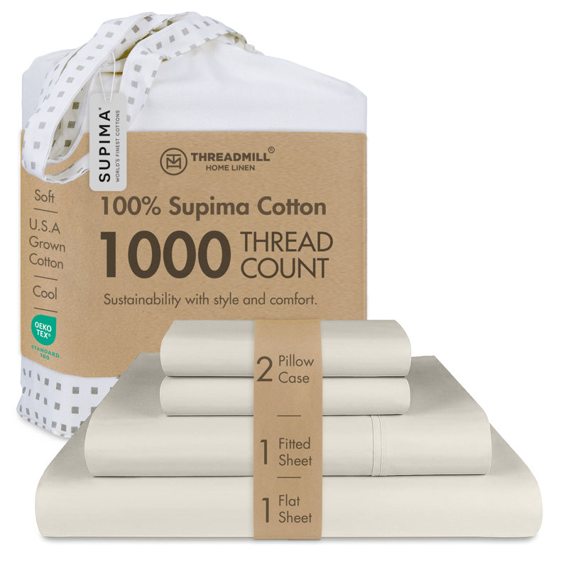 Ensemble de draps 100% coton Supima 1000 fils Threadmill, Taupe, Ensemble de draps pour très grand lit avec 2 taie