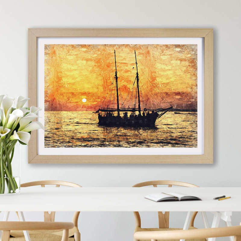 Ship at Sunset - Framed Print, 62cm H x 87cm W x 2cm D, Oak