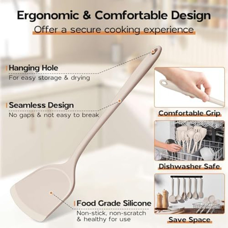 Ensemble de 10 ustensiles de cuisine en silicone résistants à la chaleur et non toxiques pour poêles antiadhésives - Kaki