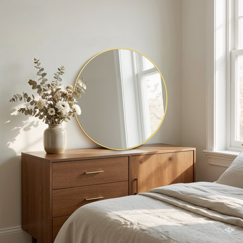 24 Inch Round Gold HD Accent Mirror with Aluminum Alloy Frame Shatterproof Film Bathroom Vanity Mirror, Gold, 24" x 24"