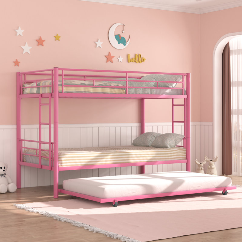 Aafke Twin-Over-Twin Bunk Bed with Trundle,Metal Trundle- W/Safety Rail and Ladder, Pink