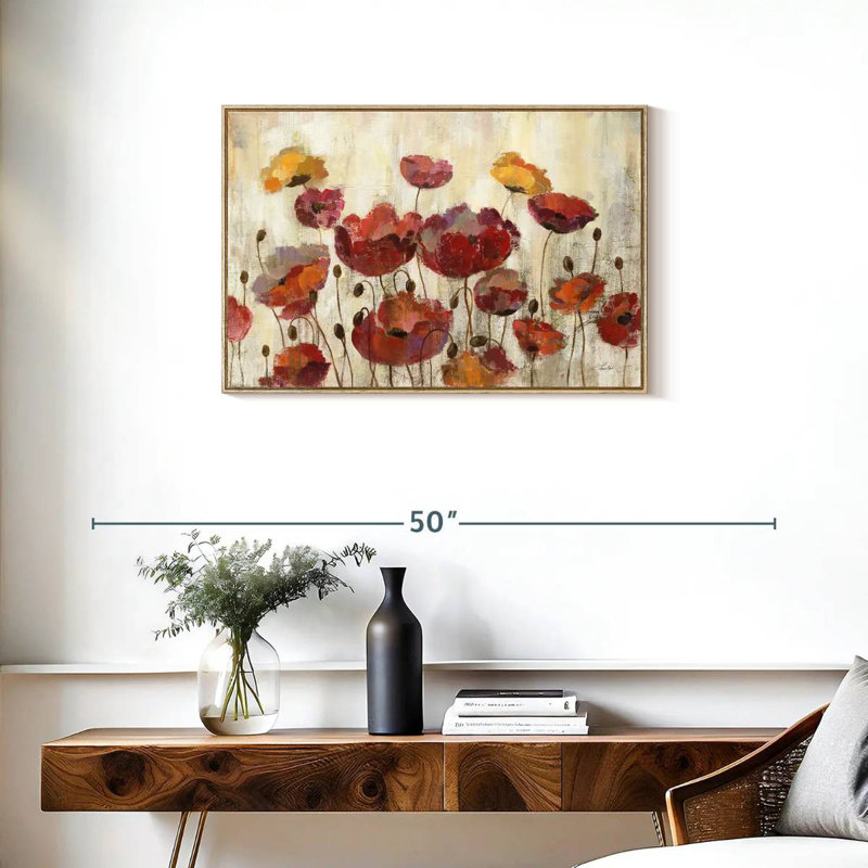 Coquelicots sous la pluie, Cadre flottant en bois naturel, 31 po x 21 po