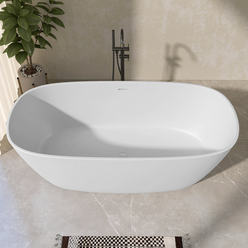 Matte White Bathtub 63'' Solid Surface Freestanding Tub Stand Alone Stone Resin Oval Slipper Tub with Center Drain