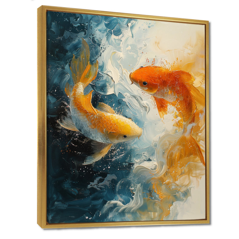 Impression d'art mural orange, vert, passionné, Poissons Koi II, Cadre flottant doré, H 12 po x l 20 po