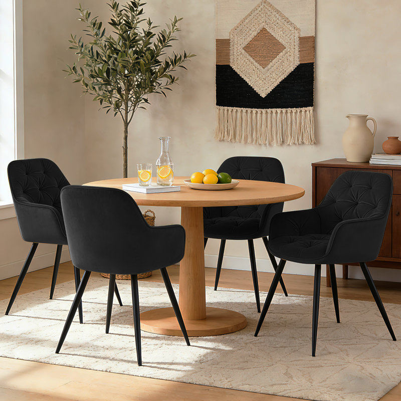 Velvet Upholstered Armrests Tufted Dining Chair with Wide Back 50cmH, Black