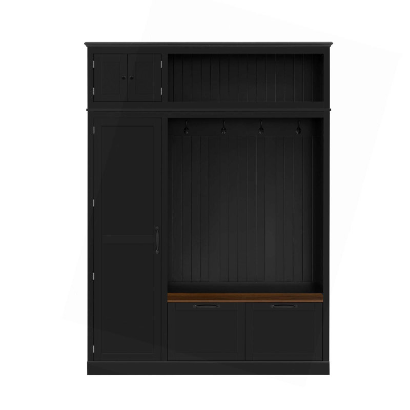3-In-1 Hall Tree With Overhead Storage Cabinet,3 Adjustable Side Shelves,4 Heavy-Duty Hooks,2 Spacious Drawers, Black