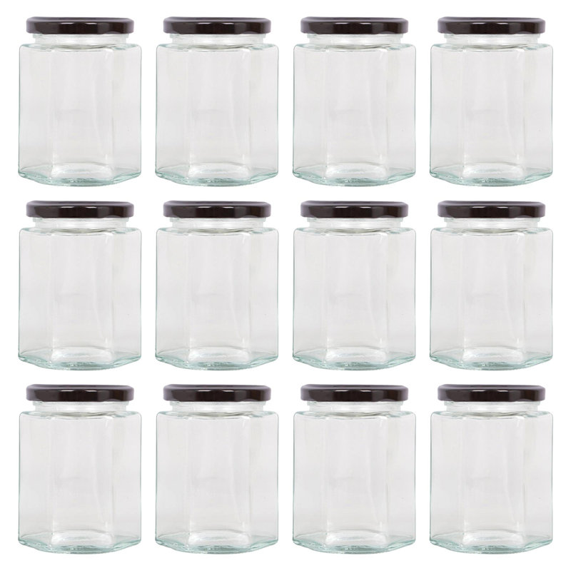 Argon Tableware Hexagonal Glass Jam Jars with Screw, Black, 12