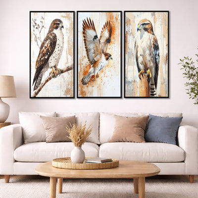 Hawk on the Hunt - Brown Hawk, art mural encadré 3 pièces