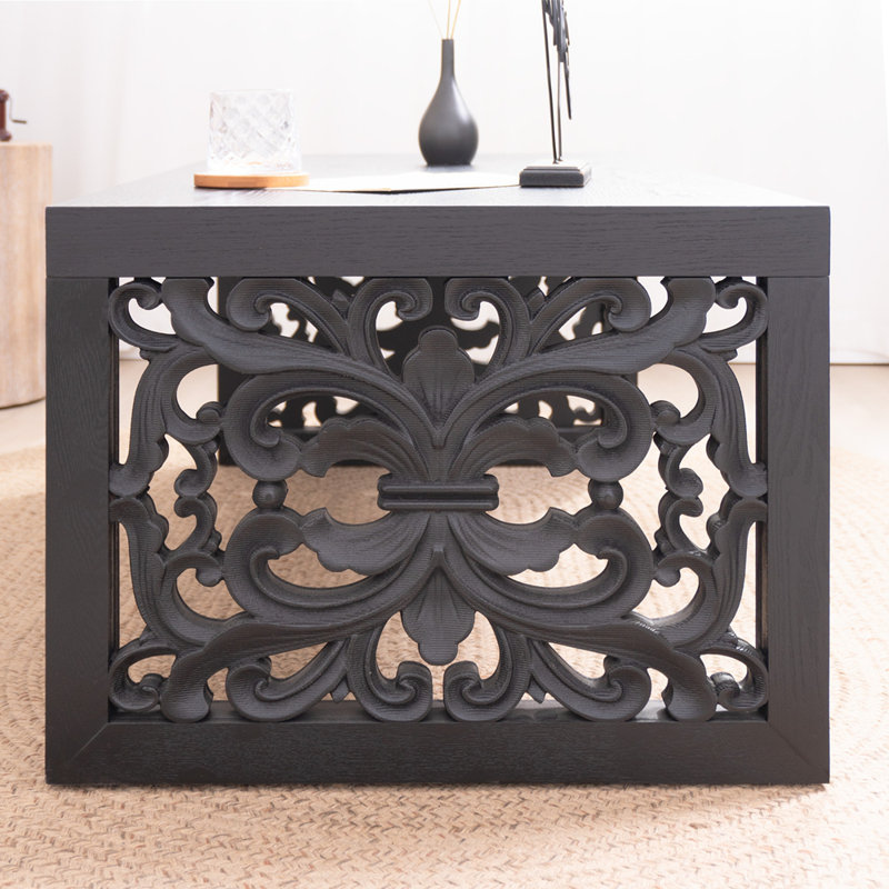 Table basse 47,2 "en bois sculpté noir massif - aspect fabriqué à la main avec panneaux latéraux ornés