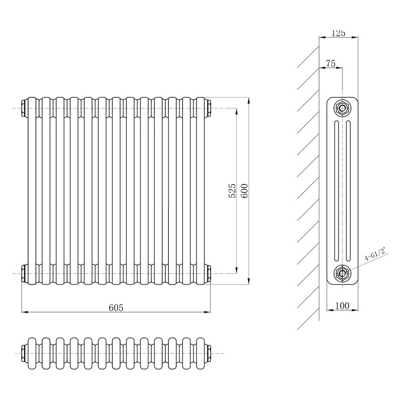 Uxbridge Horizontal Traditional Colosseum Radiator, 600mm H x 605mm W x 130mm D, Grey