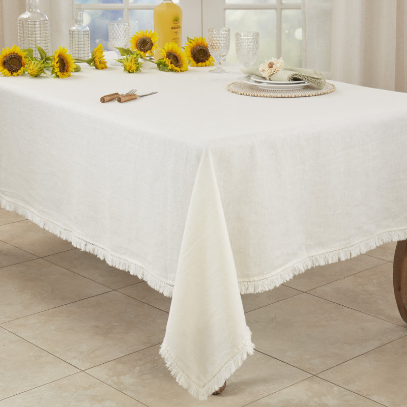 Nappe à franges en lin Stonewashed, L 59 po x L 140 po, Ivoire