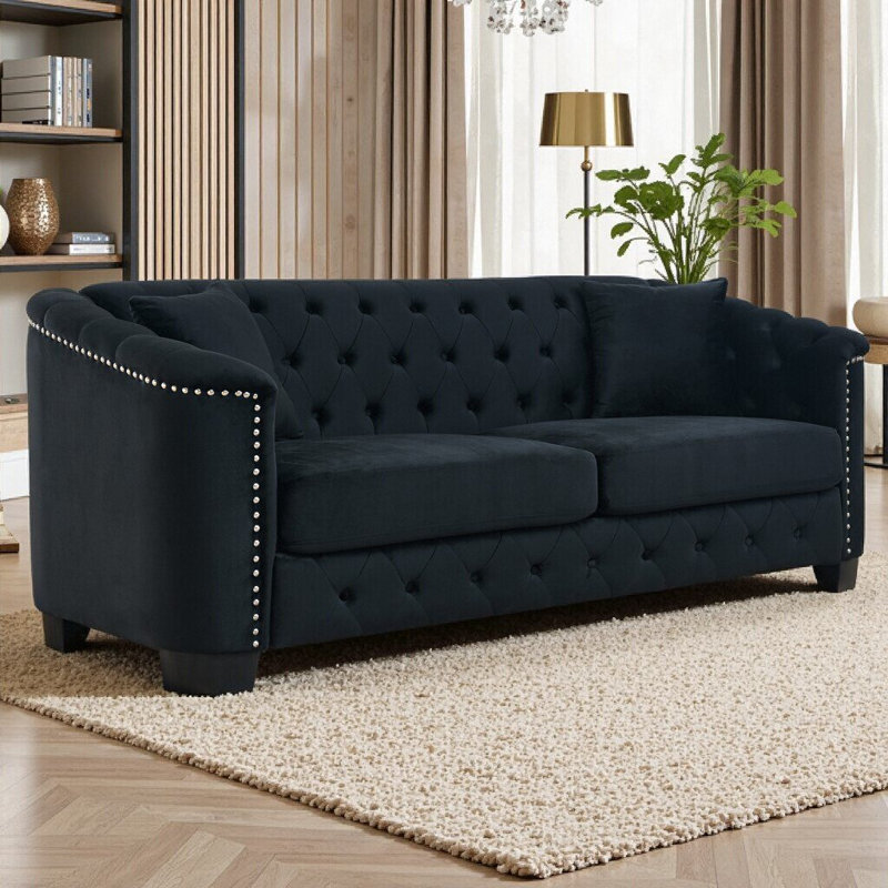 Canapé Chesterfield classique capitonné à trois places avec garniture cloutée et confort profond, Noir