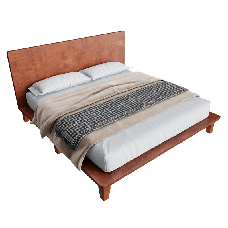 Structure de lit plateforme en noyer de style Mid-Century moderne avec tête de lit, bois massif, support de lattes de bois, aucun sommier requis, double, brun