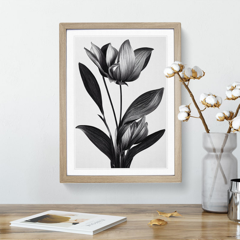 XV1022-2844X Monochrome Flower - Single Picture Frame Painting, Oak, 64cm H x 46cm W x 2cm D