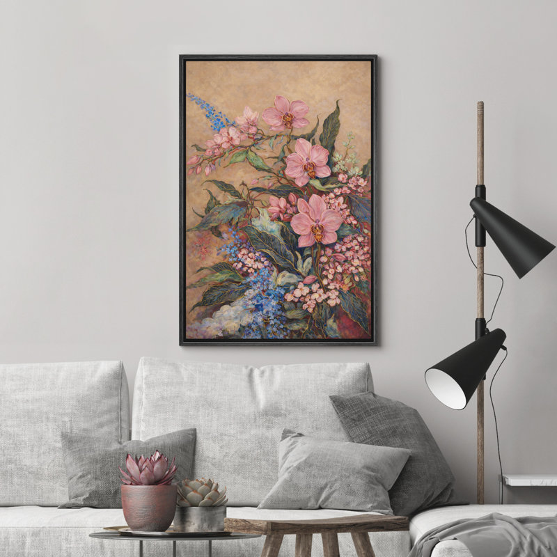 «Orchid Botanical Garden Flower Arrangement Decor», reproduction d'art encadrée sur toile de la chambre principale, Noir