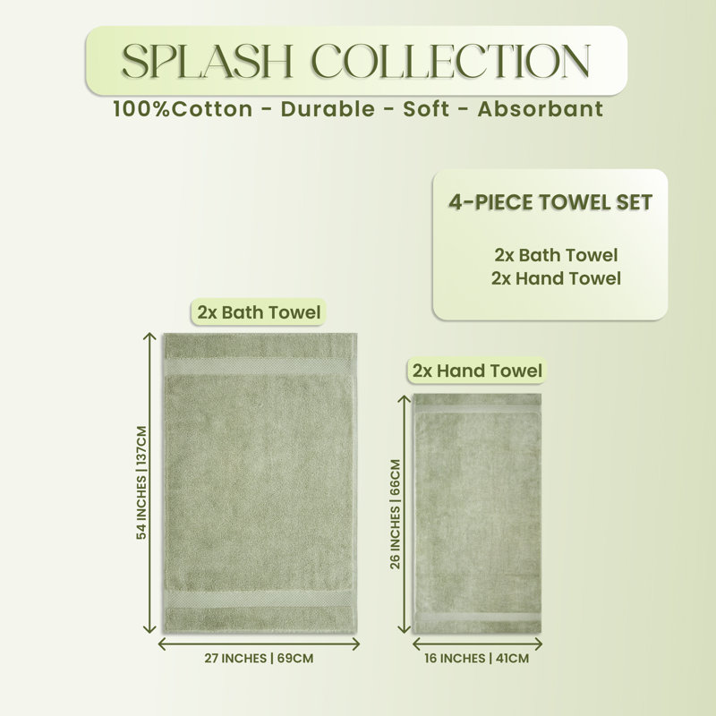 Splash 100% Cotton Zero Twist Towel Set, Bath Towels, Hand Towels & Washcloths, 550 GSM Soft Absorbent Towels for Bathroom, Spa & Daily Use, OEKO-TEX Certified, 4 Pack, Dark Sage