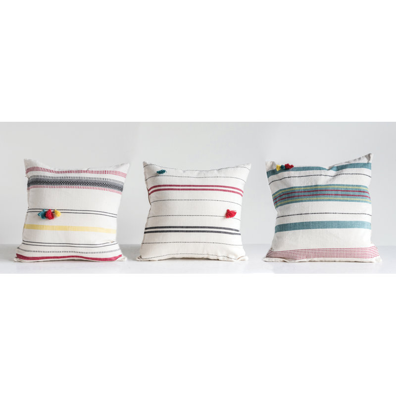 Handwoven Striped Cotton Pillow with Mini Tassels