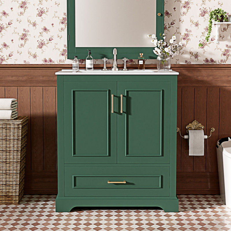 Meuble-lavabo autoportant avec lavabo et rangement, Vert