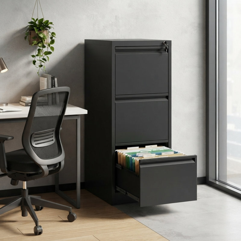 15.2'' W x 40.4'' H 3-Drawer Metal Vertical File Cabinet with Lock, Tall Slim Filing Storage Cabinet with Full-Extension Drawers & Anti-Tip, Black