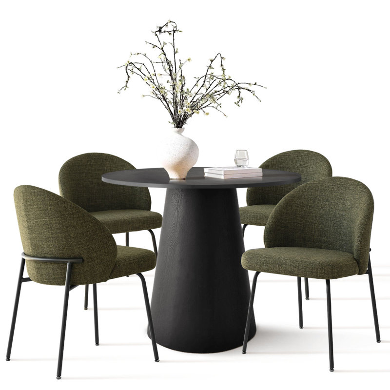 5-Piece Round Dining Table Set For 4 With Black Pedestal Table And 4 Upholstered Chairs, Green