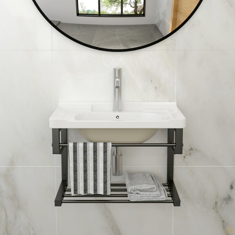 Lavabo de salle de bain mural rectangulaire en céramique avec barre à serviettes noire et trop-plein