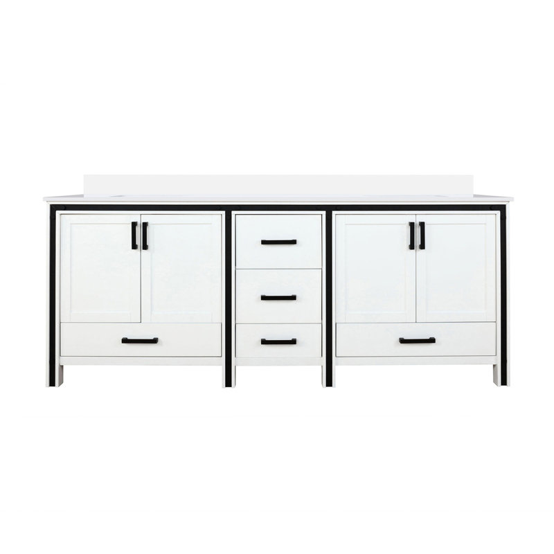 84 po L x P 22 po. Meuble-lavabo double blanc - structure en bois massif, comptoir en quartz, fermeture en douceur, surface à gratter et teinture, 2 armoires et 5 tiroirs pour le rangement, robinet pré-percé de l 84 po x P 22 po