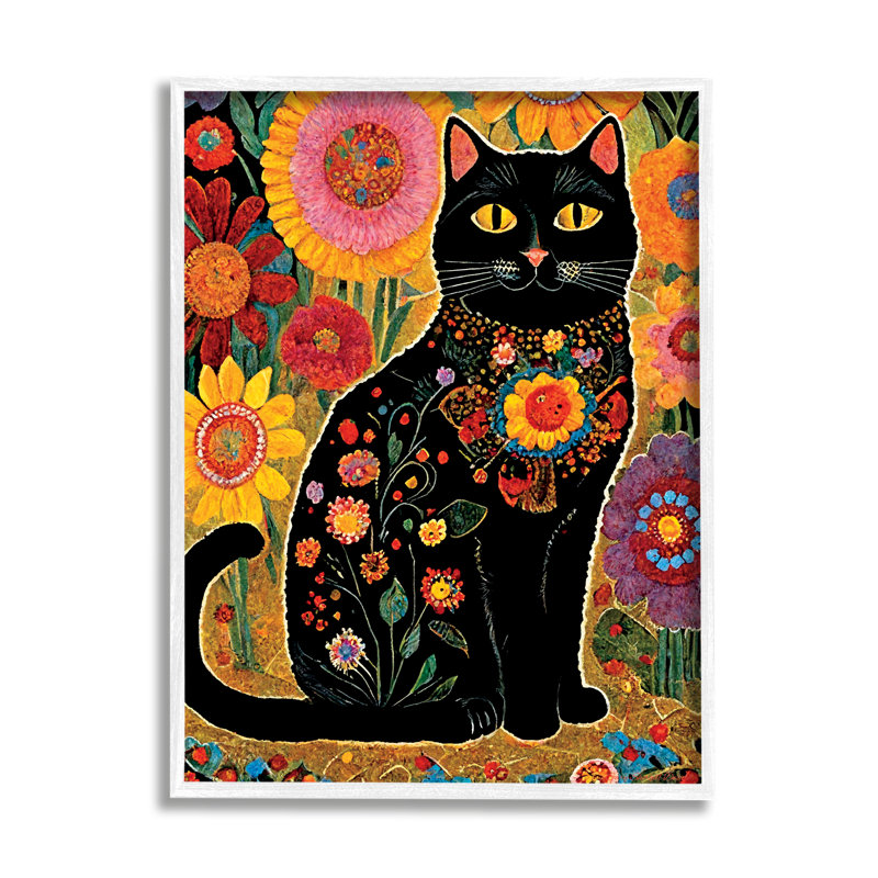 Chat avec motifs floraux, encadré sur bois par Gary Shergill Designs, Giclée encadrée blanc bord de mer