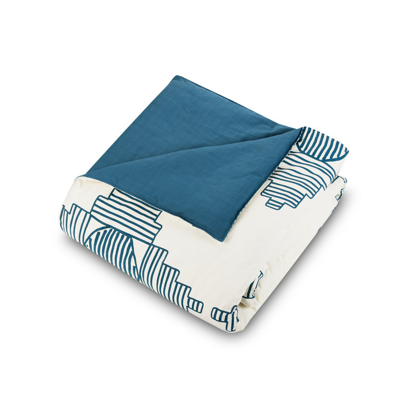 Queen White and Blue Cotton Duvet Cover Set