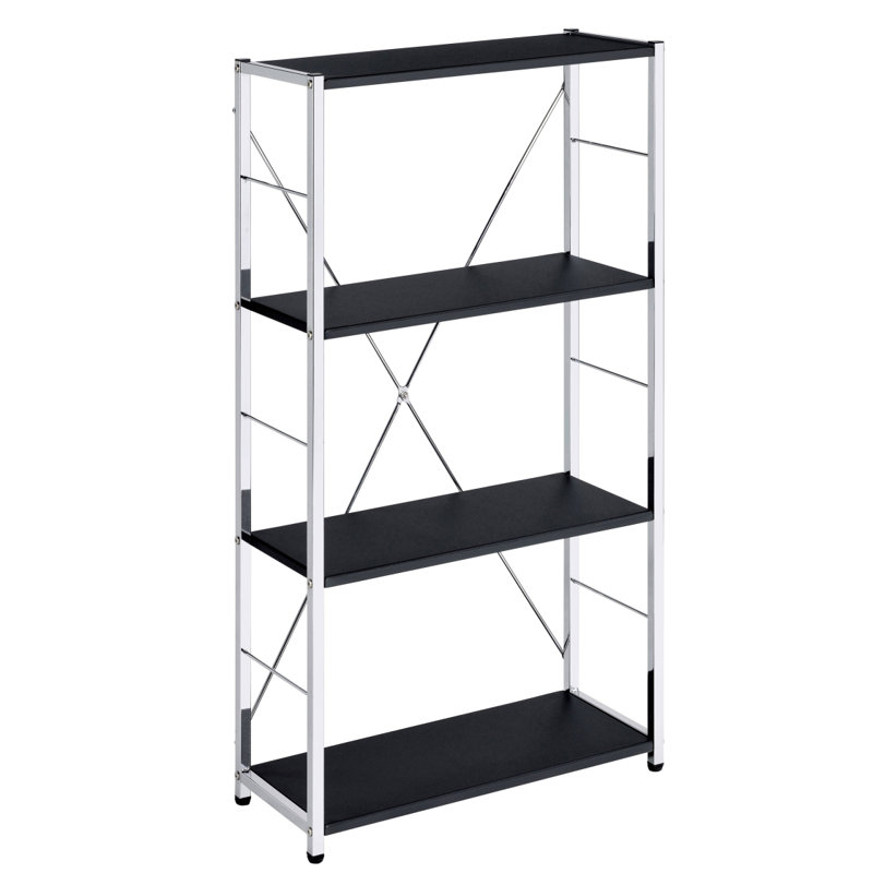 Black And Chrome 4-Tier Rectangular Bookshelf, (4 Shelves)  42.57" H x 24.57" W x 11.57" D, Black