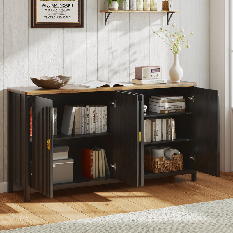 Buffet en bois de style campagnard de 63 po avec tablettes réglables, Noir / Beige